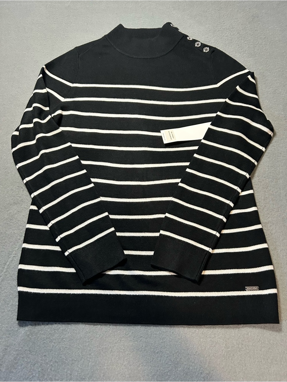 Calvin Klein Black & White Striped Turtleneck Sweater with Shoulder Buttons